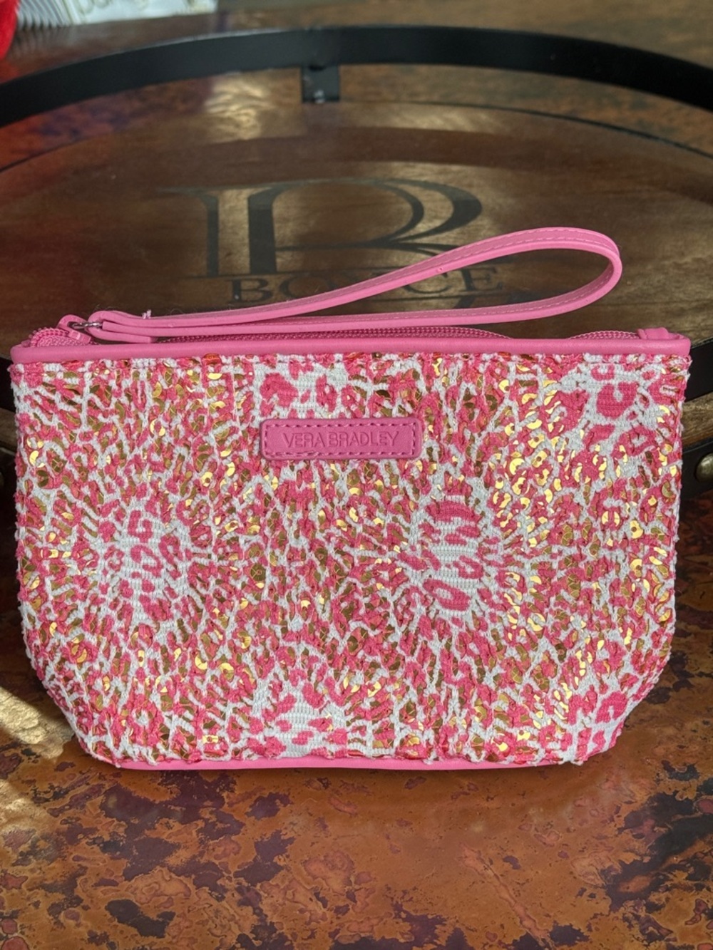 Vera Bradley Pink Leopard 🐆 Print Mesh Woven Gold Sequin Wristlet Clutch